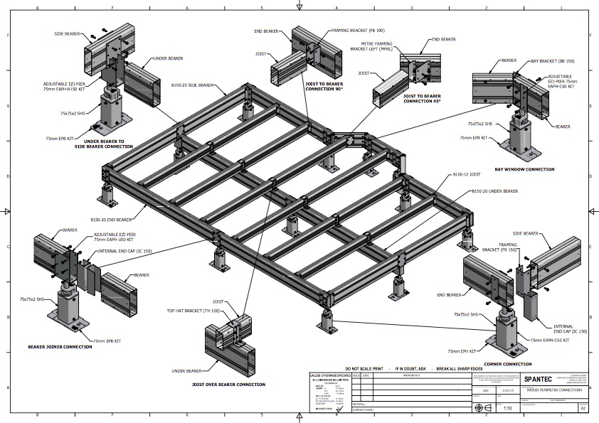 Illustration of standard floor connections in raised perimeter sub floor framing systems.