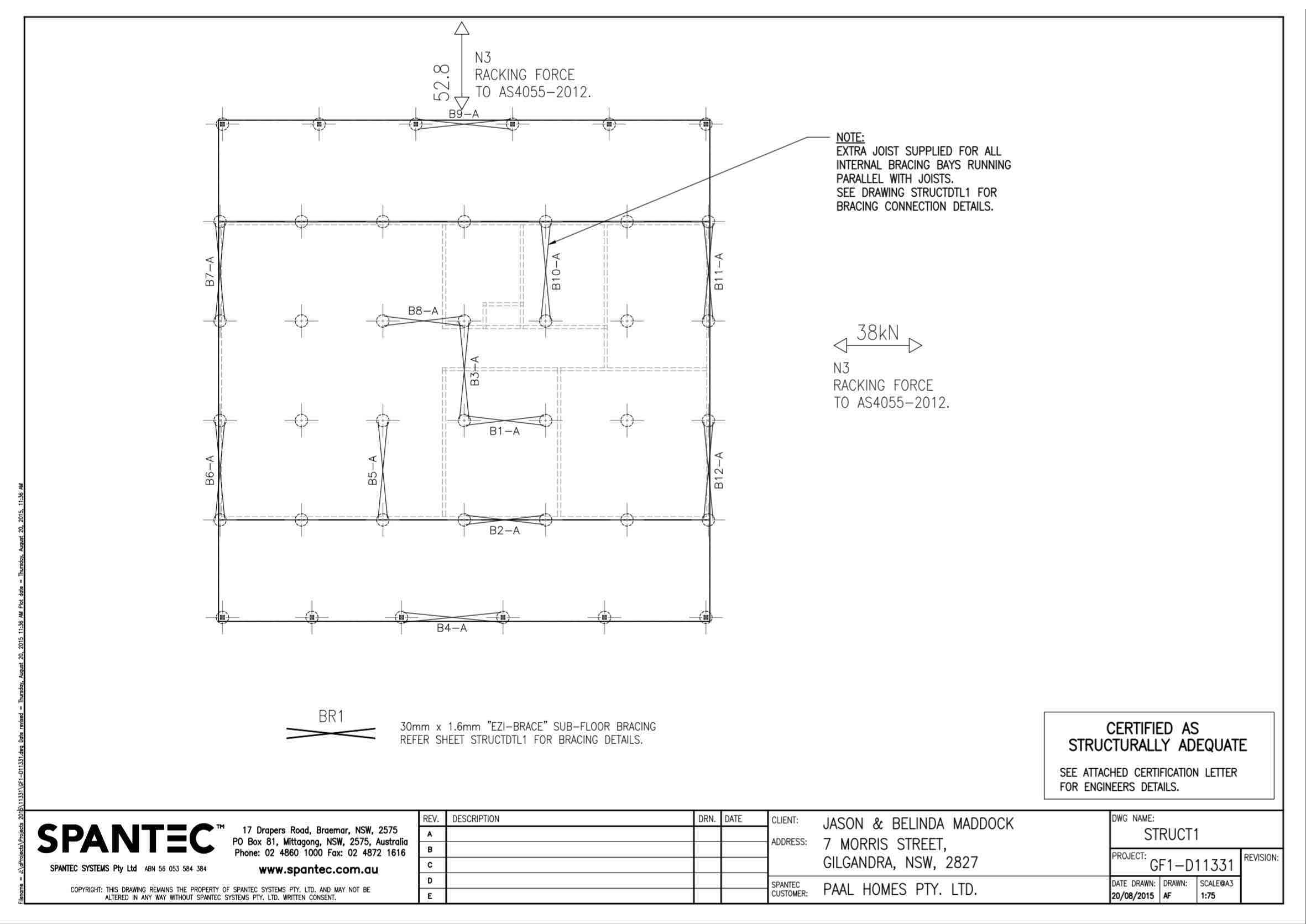 Example of a Bracing Detail Plan drawing produced using CAD drafting software