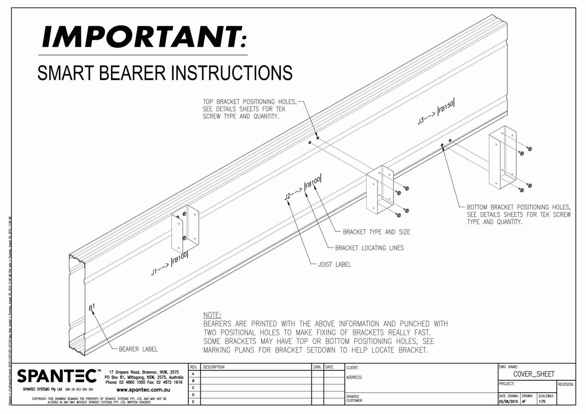 A drawing of a Boxspan smart bearer, pre-punched holes at bracket locations where steeljoists slot in, and bracket connection example.