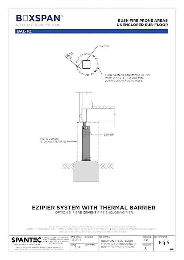 CAD drawing illustaration of fibre cement enclosed Ezipier for residential floor framing in bushfire prone areas